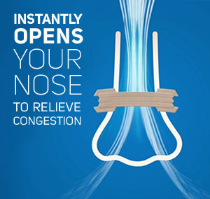 Illustration of Breathe Right Nasal Strip opening airway to relieve congestion.